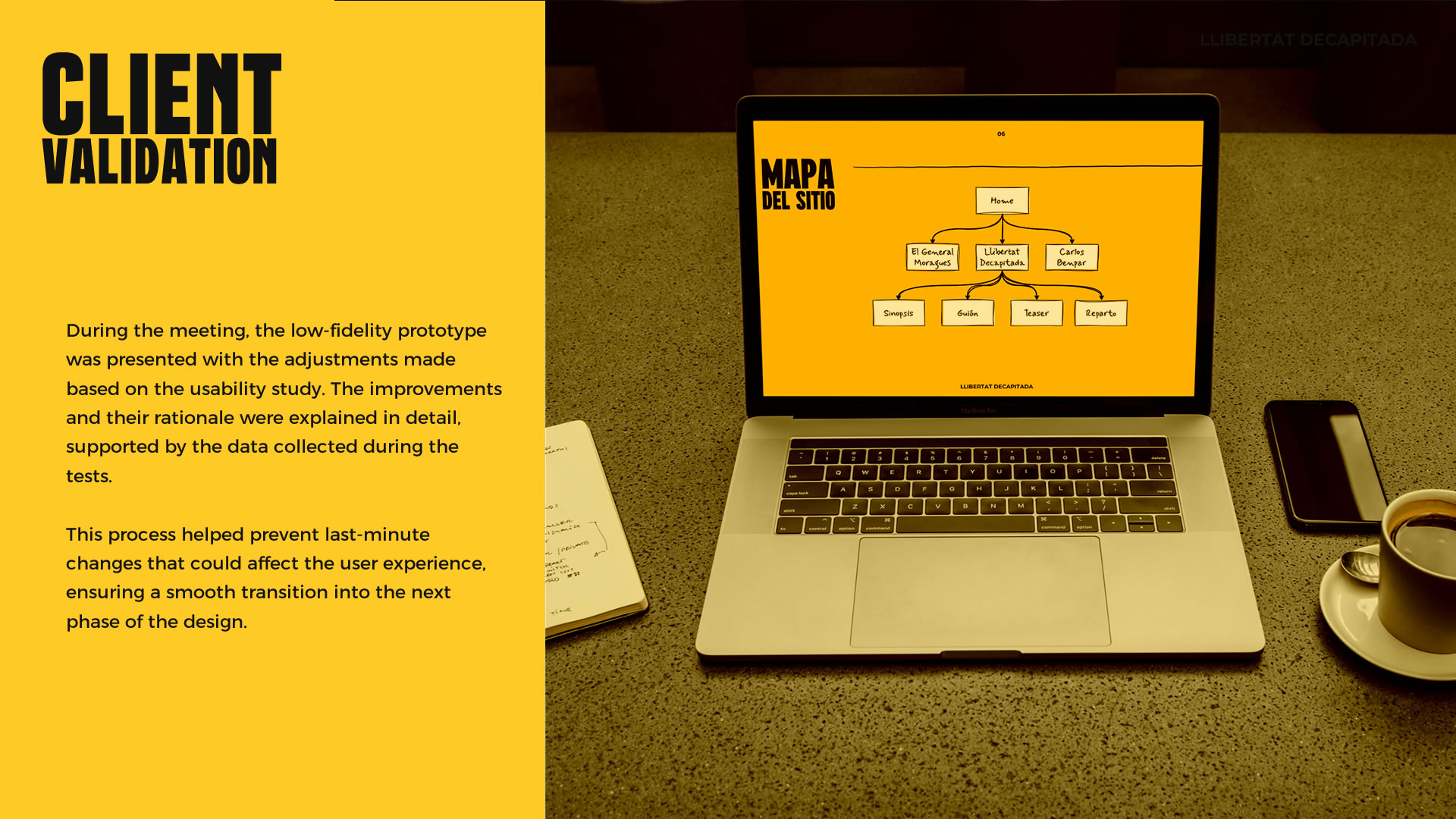 This graphic shows the 'Structural Adjustments' made after usability testing. It displays the site's sitemap with arrows pointing to sticky notes highlighting key revisions.