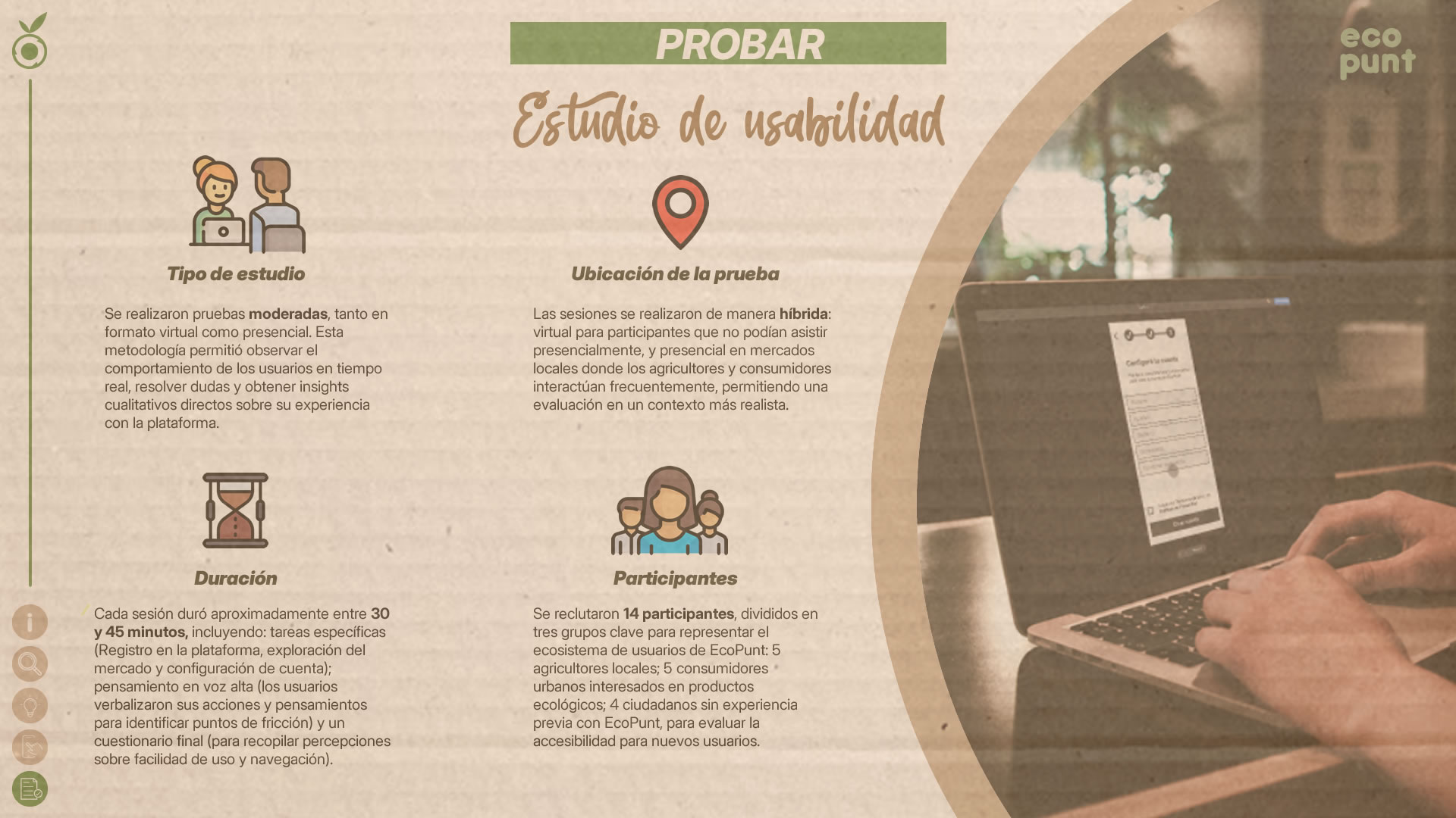 Infografía sobre el estudio de usabilidad. Se observan cuatro secciones con íconos: 'Tipo de Estudio', 'Ubicación de la prueba', 'Duración', y 'Participantes'. En cada sección se detalla una breve descripción.