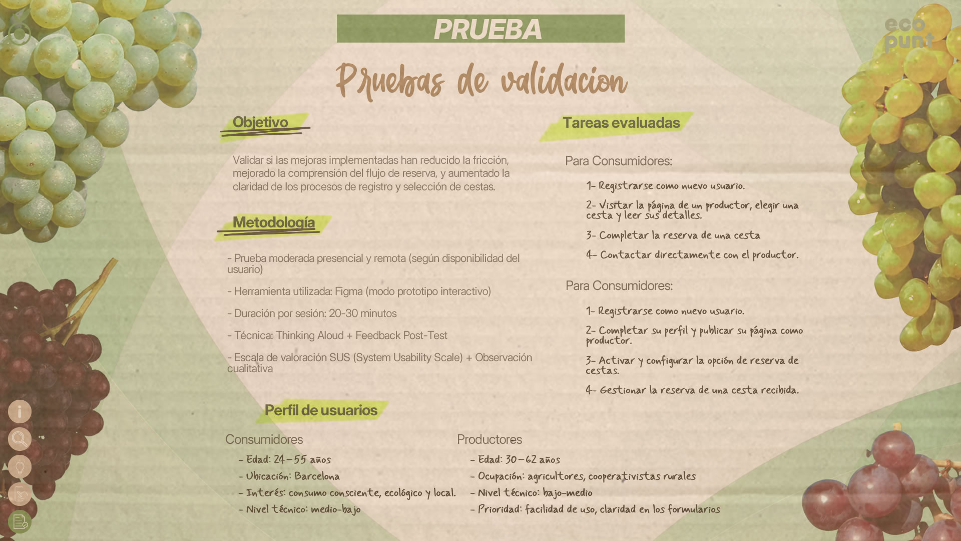 Infografía con datos sobre la Prueba de Validación. Se muestras tres columnas con datos acerca del objetivo de la prueba, la metodología, las tareas evaluadas y el perfil de usuarios.