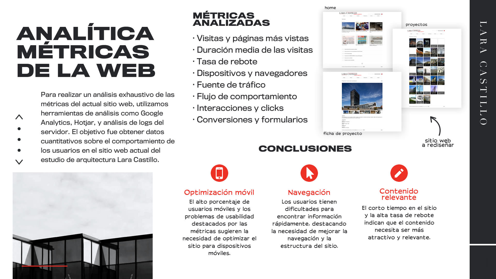 Infografía sobre el Análisis de las Métricas de la página web. Se detalla las métricas analizadas y las conclusiones alcanzadas: optimización móvil, navegación y contenido relevante.