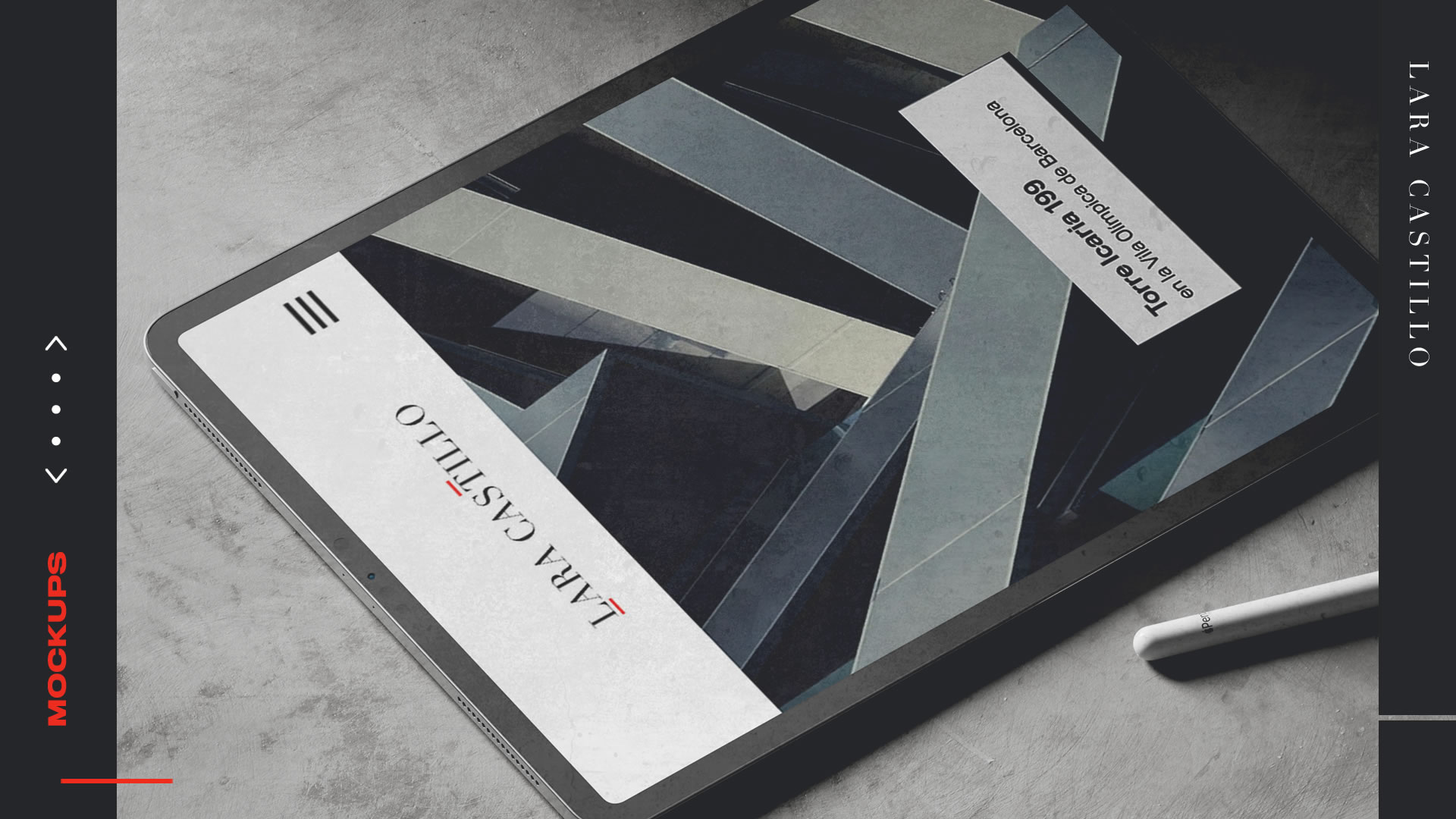 Mockups final. Se puede observar un iPad del revés sobre un suelo de concreto. La pantalla muestra el 'Home' del sitio perfectamente adaptado al tamaño de la tableta.