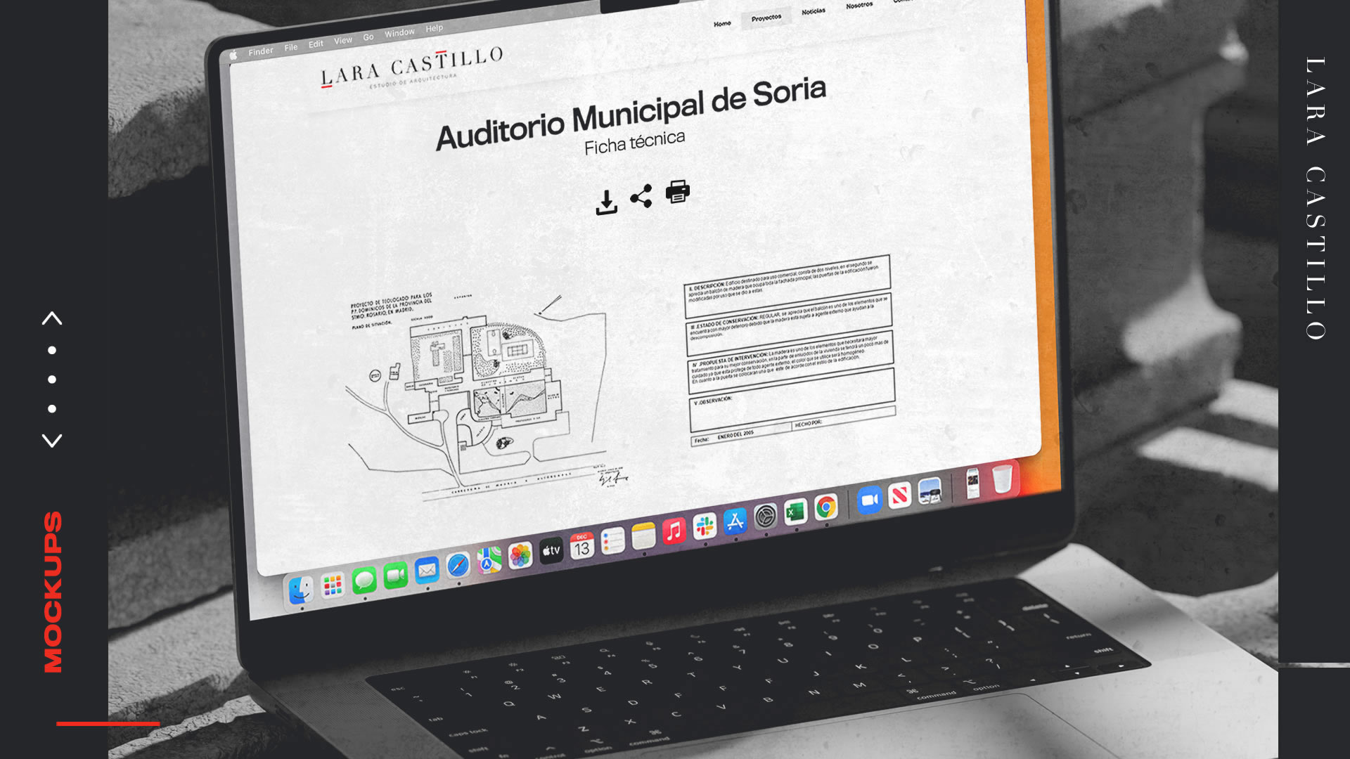 Mockups final. En la fotografía hay una laptop abierta sobre un montículos de ladrillos huecos de cemento. En la pantalla aparece una 'Ficha de Obra' del Auditorio Municipal de Soria, en el que además del título, aparece un plano y unos cuadros de datos.