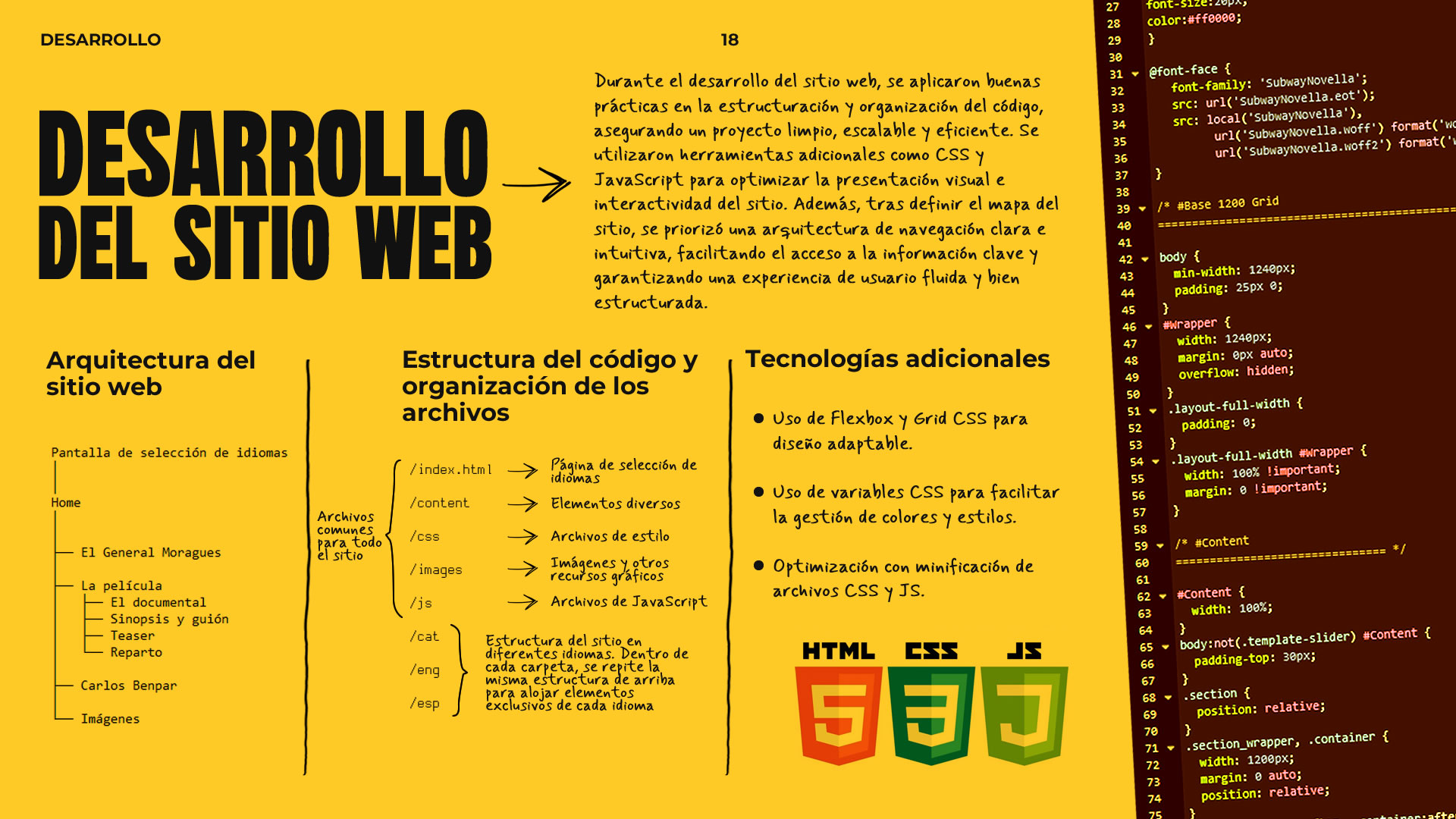 Placa sobre el Desarrollo del sitio web. Se explica qué buenas prácticas se siguieron para desarrollar el sitio, la arquitectura del sitio web, la estructura del código y organización de los archivos y qué tecnologías se utilizaron (HTML, CSS y JavaScript).