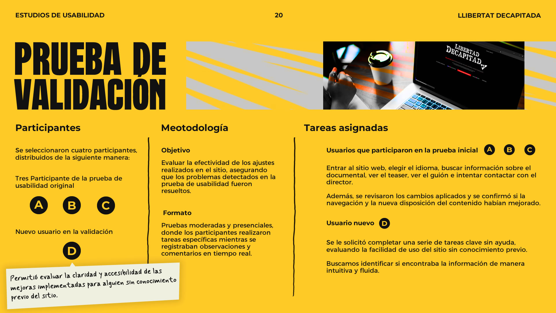 Infografía con información acerca de la 'Prueba de Validación'. Se detalla los participantes, metodología y tareas asignadas.