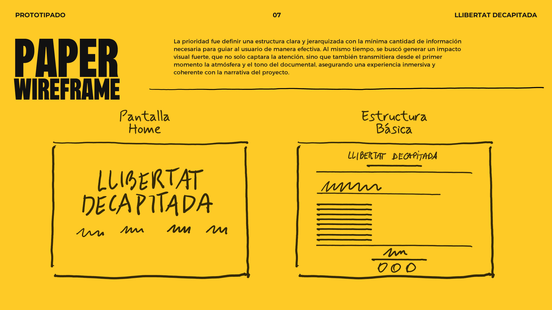 Gráfica sobre 'Paper Wireframe'. Se pueden observar dos bocetos a mano de la pantalla 'Home' y una pantalla sobre la estructura básica del sitio.