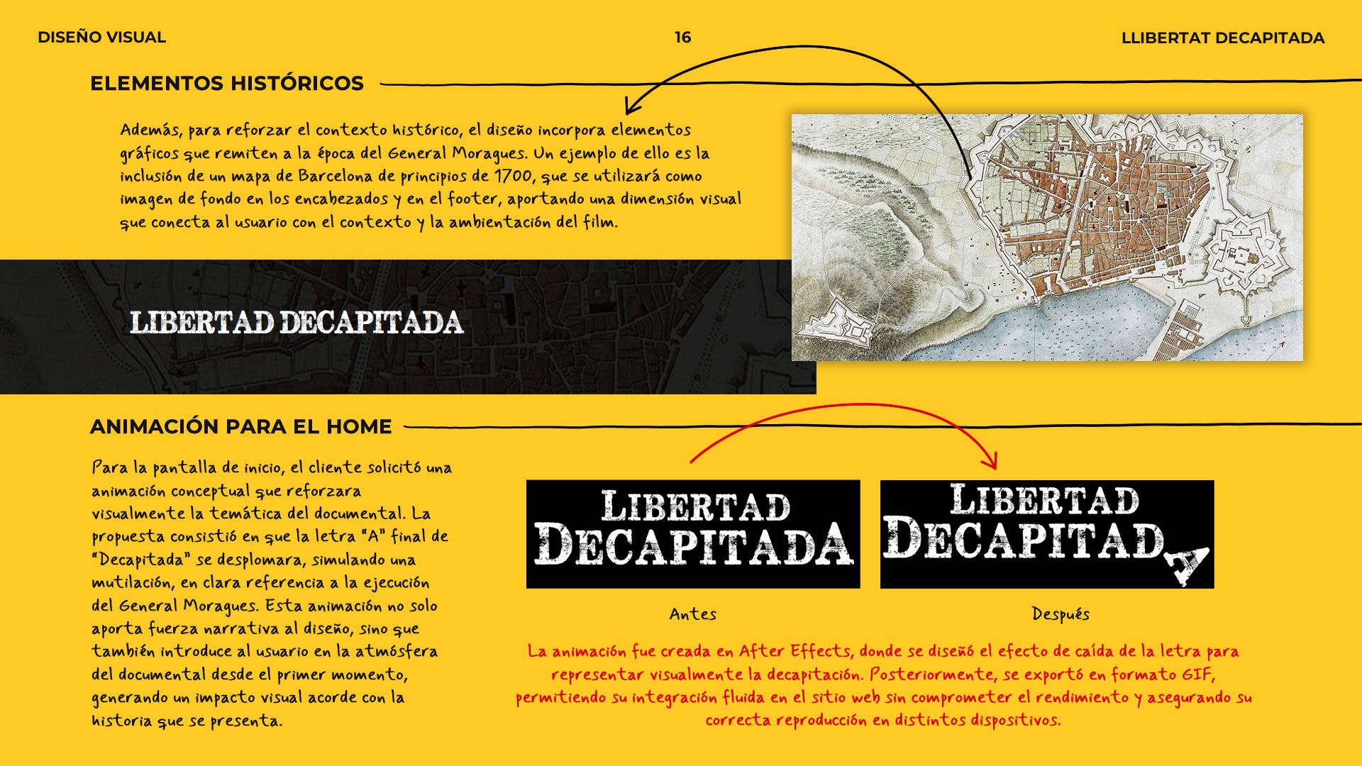 Diseño Visual. En esta placa se analizan los elementos históricos y cómo se pensó la animación para el 'Home'.