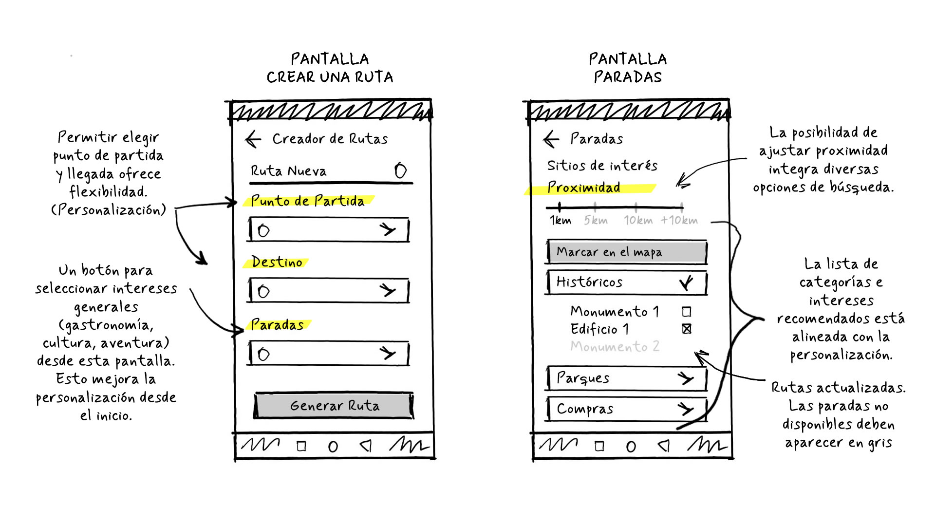 Bocetos a mano de dos pantallas móviles: la primera muestra la pantalla 'Crear Ruta' que muestra opciones para escribir tecto, seleccionar opciones y un botón para generar la ruta; la segunda pantalla muestra 'Paradas' que expone diferentes atributos para configurar una parada en medio de la ruta.