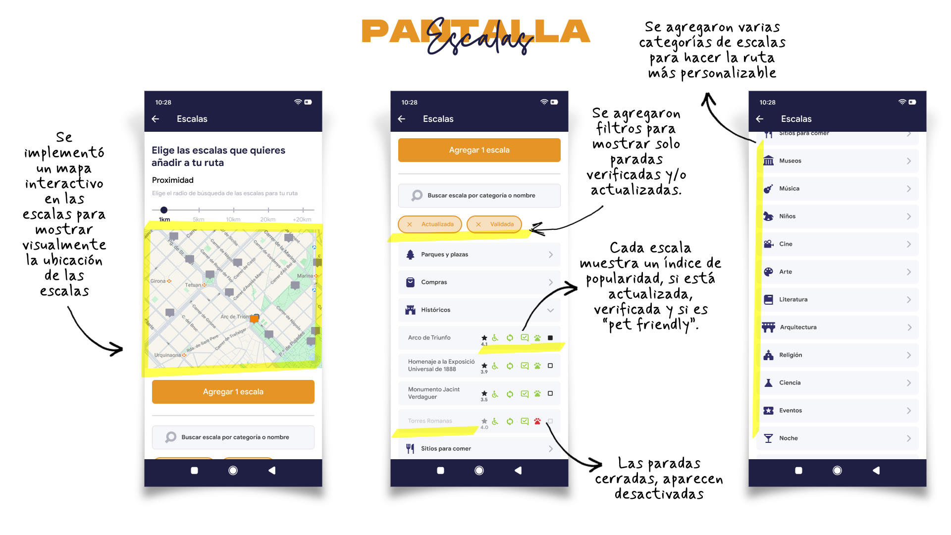 Prototipo de alta fidelidad móvil de la pantalla 'Escalas' en lugar de 'Paradas'. Se muestra el mapa interactivo, los filtros para seleccionar escalas, sus características y cómo se puede personalizar la ruta.